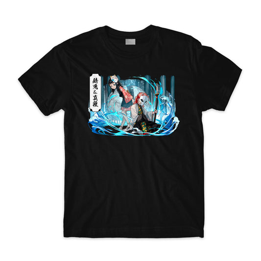 Makomo and Sabito Demon Slayer Anime Front Print Black T-Shirt